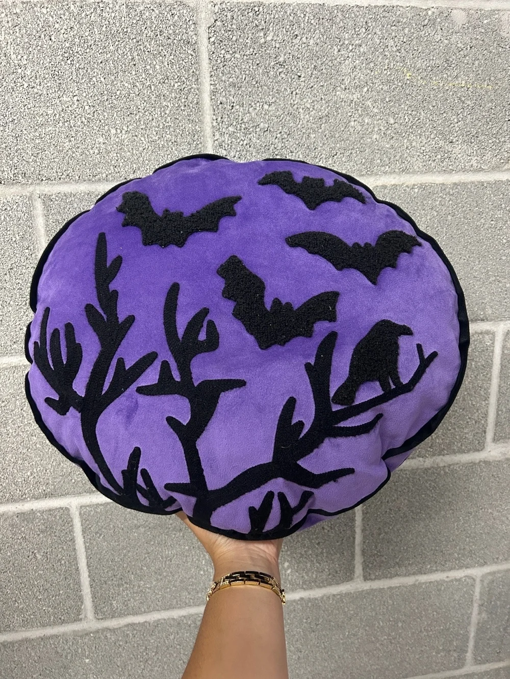 Halloween Purple Moon Pillow Bats Raven Tree Round Throw Decor Spooky Gothic
